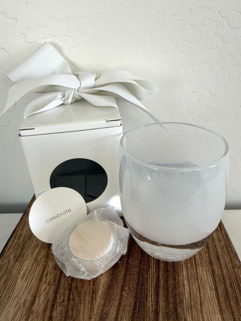 GLASSYBABY White CELEBRATE Handblown glass candle holder, New in box